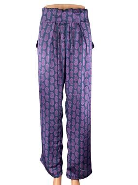 NEW Natura Women's Purple Silky Satin Paisley Pleated Straight Trousers Pants XL